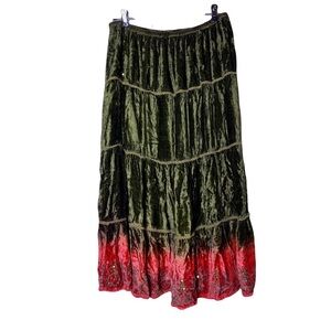 Dimri | Boho Green Pink Velvet Lace Sequin Tiered Midi Skirt, Small